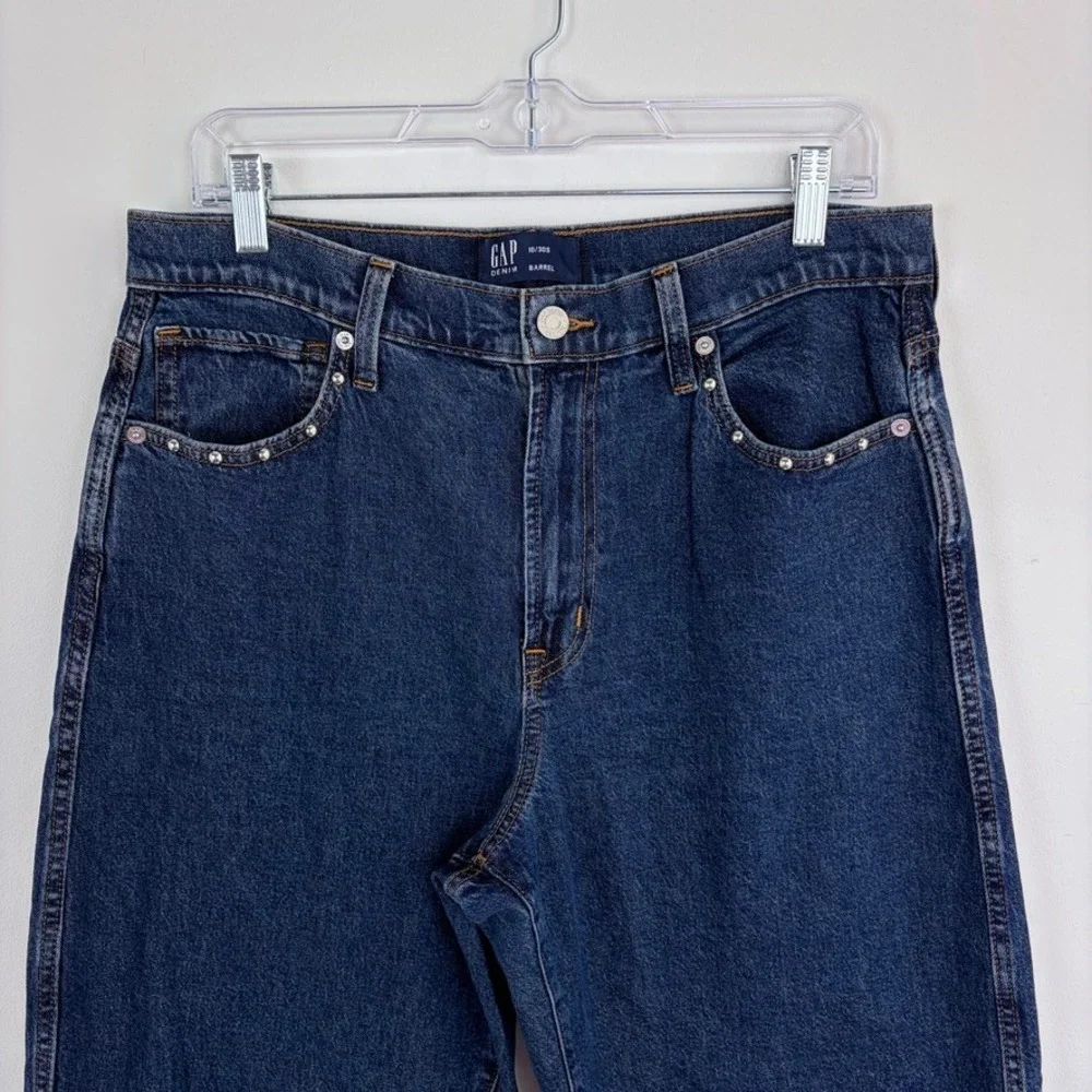 Gap Denim High Rise Studded Barrel Jeans Dark Wash Low Stretch Denim 10 Short - Picture 4 of 11